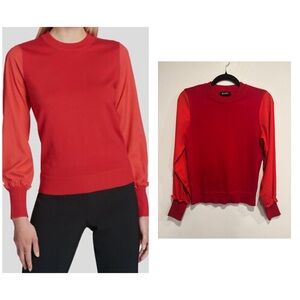 DKNY Red Mixed Media Puff Sleeve Sweater (Size S)